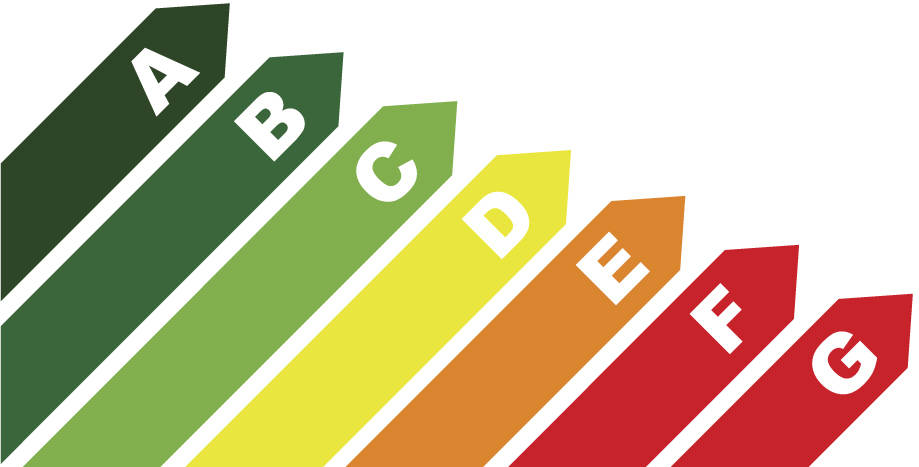 Met kleuren en letters word een energielabel aangeven. Hier staan alle letters en kleuren van energie labels naast elkaar afgebeeld.
