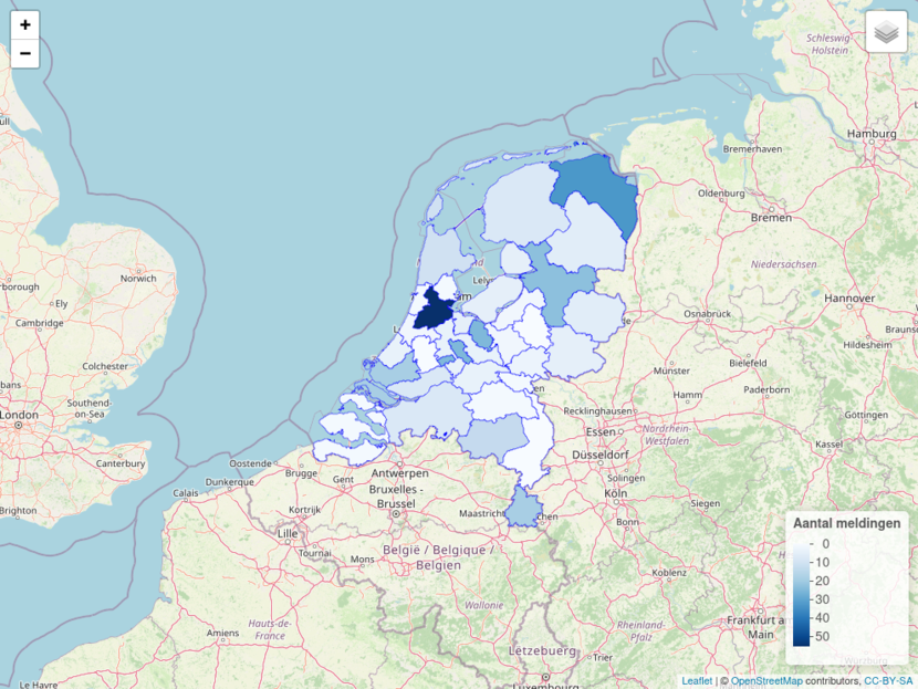 Dit kaartje laat de verdeling van de herkomst van meldingen in Nederland zien.